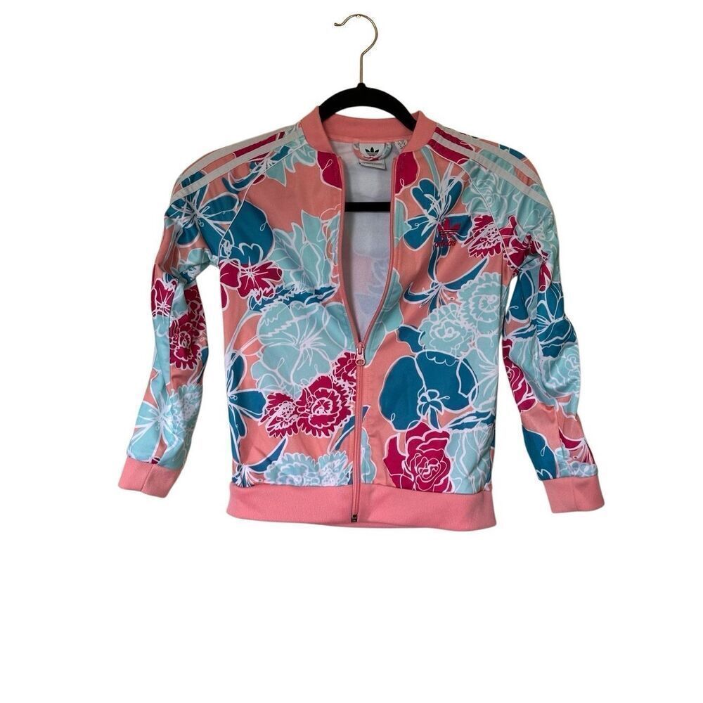 Adidas Trefoil Pink Floral Flower Track Jacket Youth Kids Unisex Sz Small